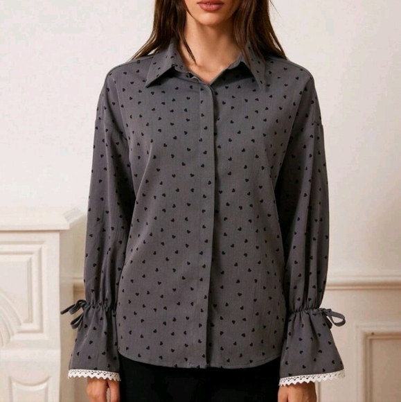 Graceful French Style Polka Dot & Heart Print Women Cardigan Long Sleeve Blouse - Picture 4 of 4